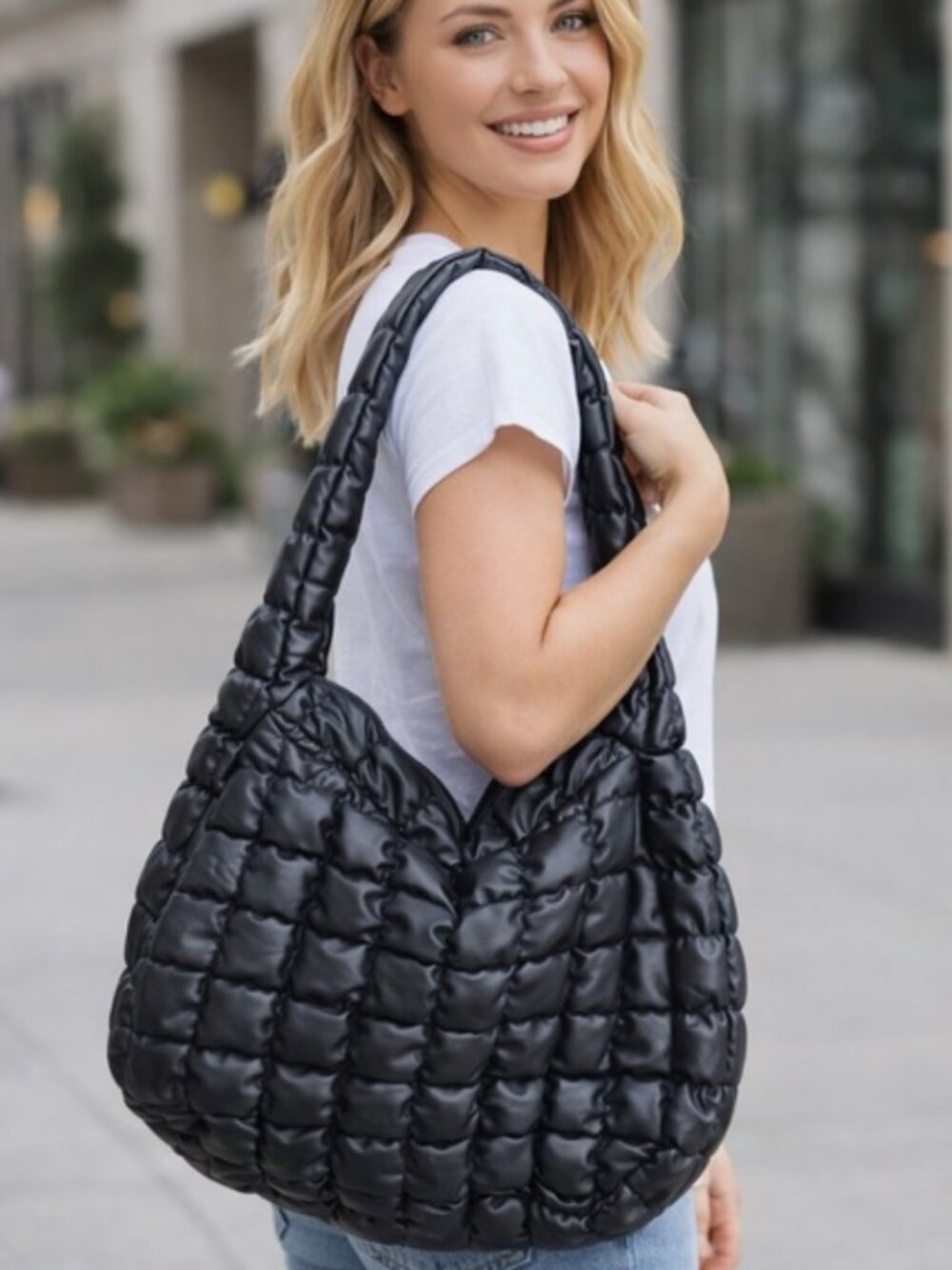 Large Forever 21 Quilted Puffer Tote Bag Black NWT